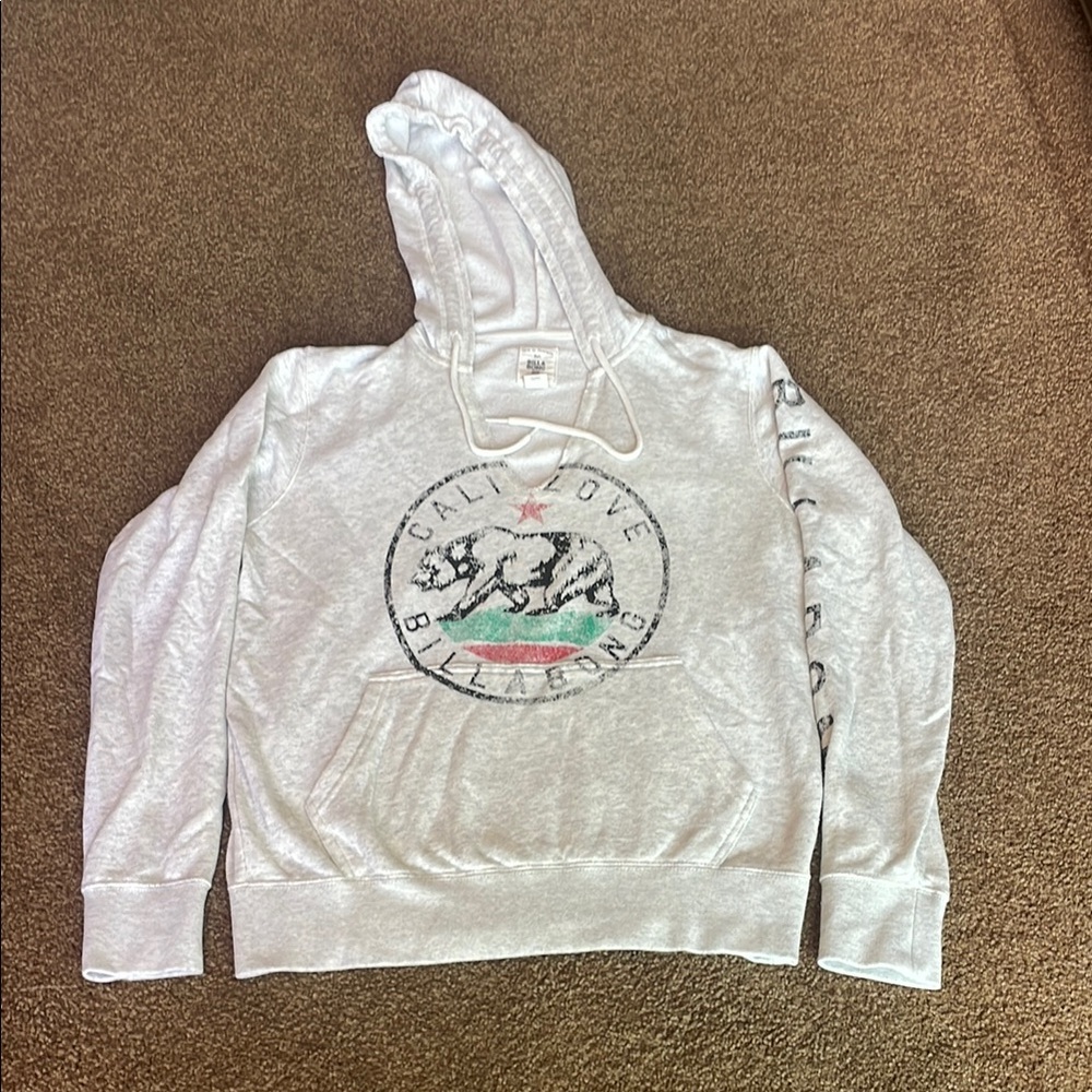Billabong Heather Gray V-Neck Hoodie with Green Graphic Long Sleeves Size Small